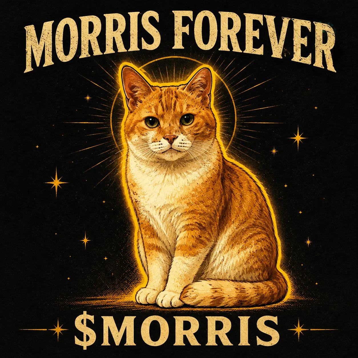 Illustrated orange-and-white Morris cat with a golden outline